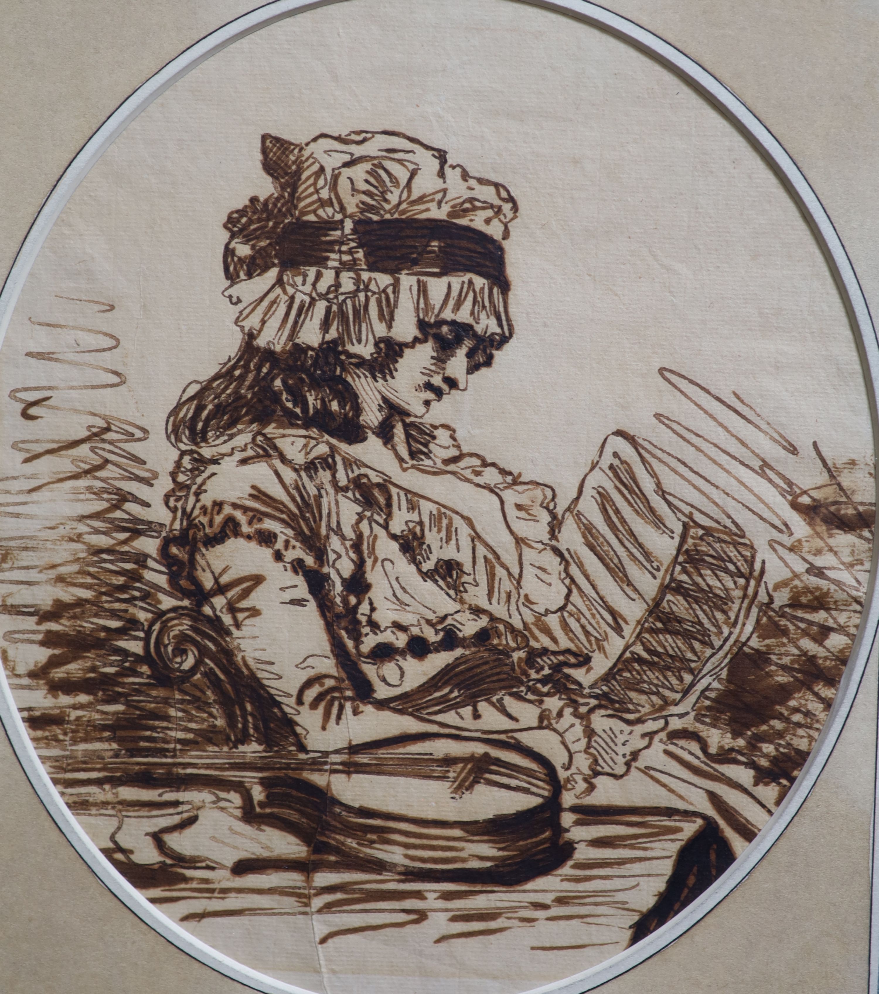 John Raphael Smith (1752-1812), Seated woman reading a musical score, purportedly the artist's wife, pen and brown ink, 21.5 x 19cm